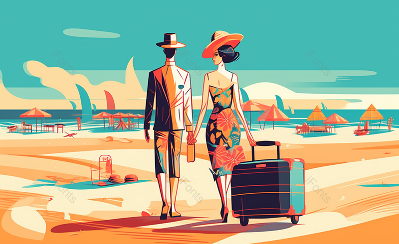 情侣外出海边度假旅游手绘插画素材图,插画/手绘图,插画/手绘图库,插画/手绘图下载,插画/手绘